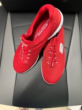 Skechers Women’s Red Slip-On Athletic Sneakers with White Sole